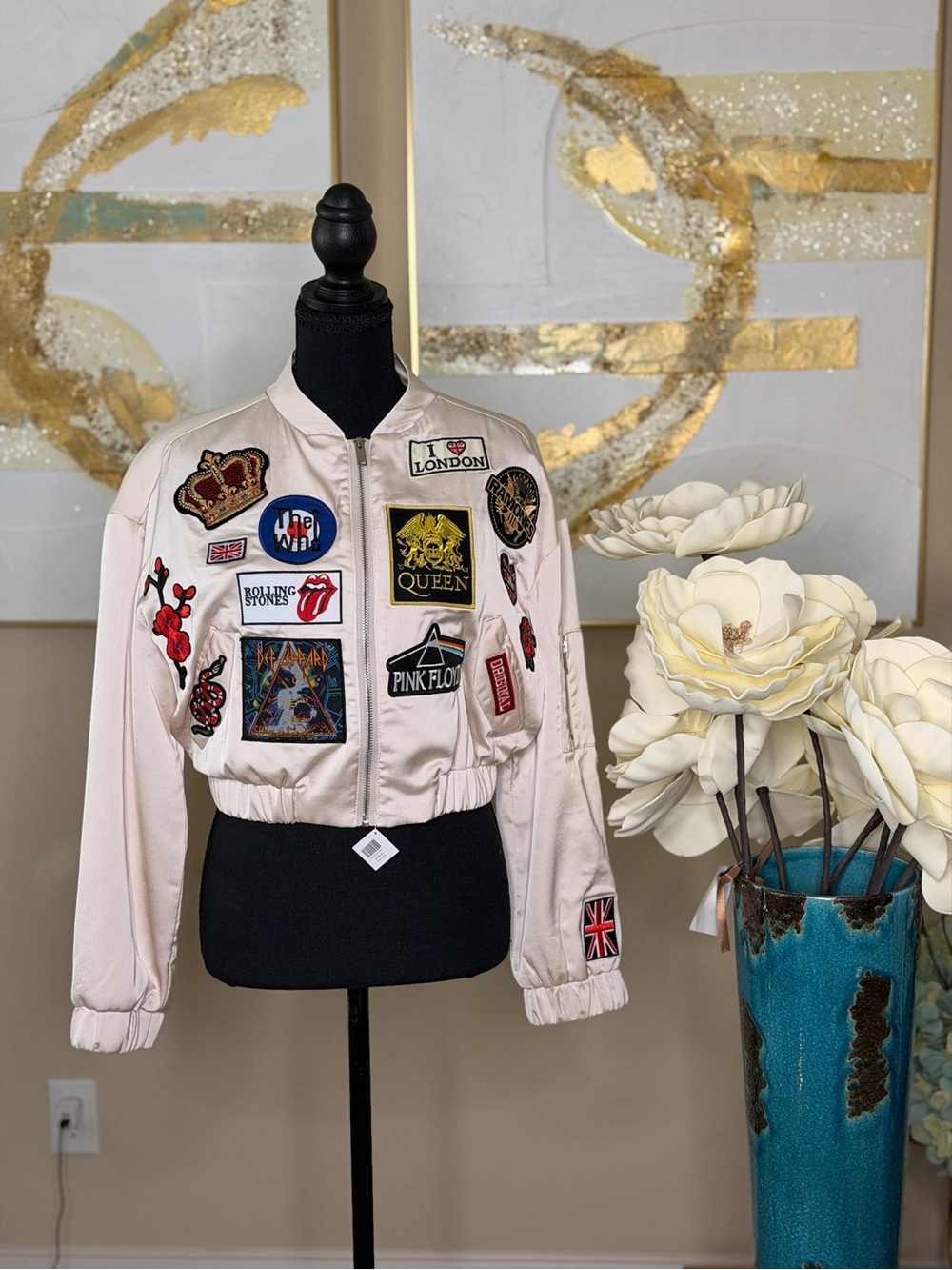 Patchwork Badge Satin Bomber Jacket - Light Pink